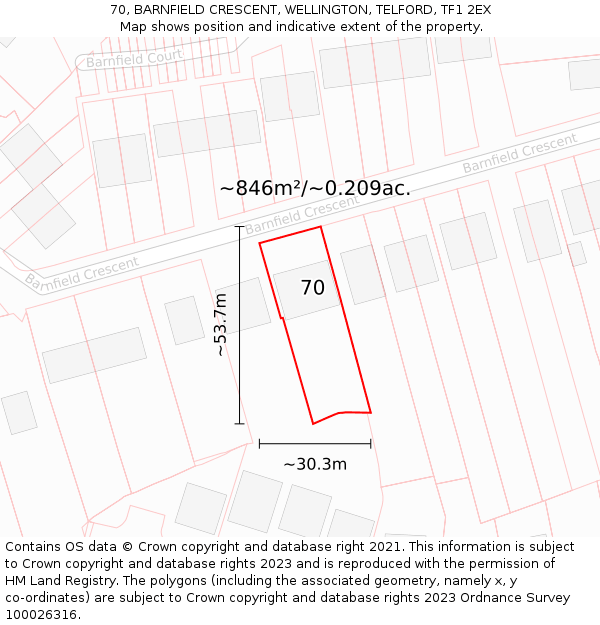 70, BARNFIELD CRESCENT, WELLINGTON, TELFORD, TF1 2EX: Plot and title map