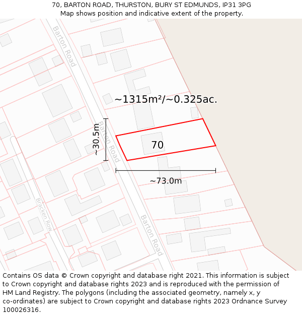 70, BARTON ROAD, THURSTON, BURY ST EDMUNDS, IP31 3PG: Plot and title map