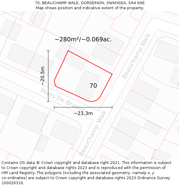 70, BEAUCHAMP WALK, GORSEINON, SWANSEA, SA4 6AE: Plot and title map