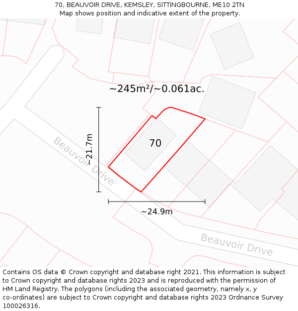 70, BEAUVOIR DRIVE, KEMSLEY, SITTINGBOURNE, ME10 2TN: Plot and title map