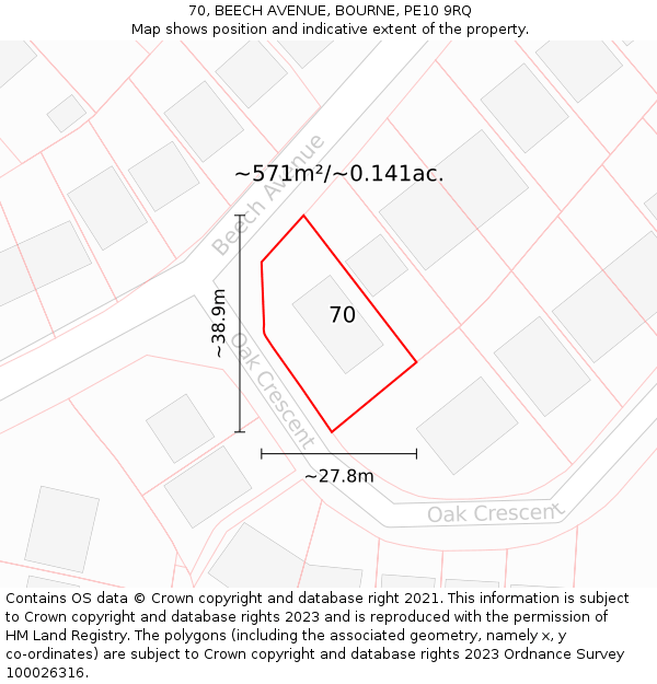 70, BEECH AVENUE, BOURNE, PE10 9RQ: Plot and title map