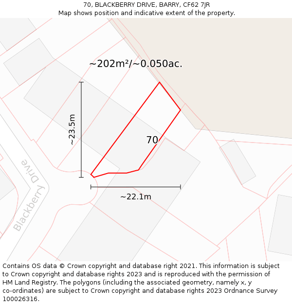 70, BLACKBERRY DRIVE, BARRY, CF62 7JR: Plot and title map