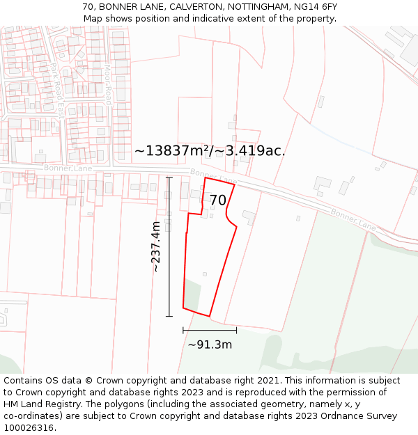 70, BONNER LANE, CALVERTON, NOTTINGHAM, NG14 6FY: Plot and title map