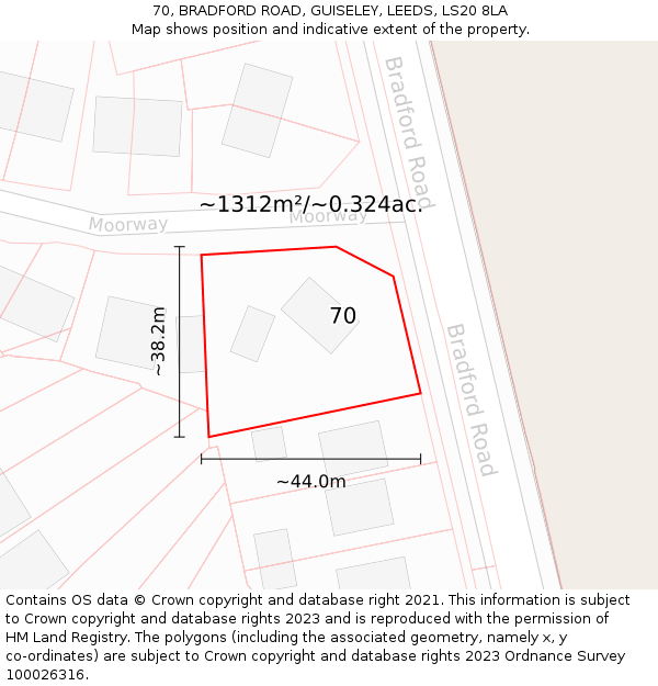 70, BRADFORD ROAD, GUISELEY, LEEDS, LS20 8LA: Plot and title map