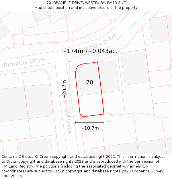 70, BRAMBLE DRIVE, WESTBURY, BA13 3UZ: Plot and title map