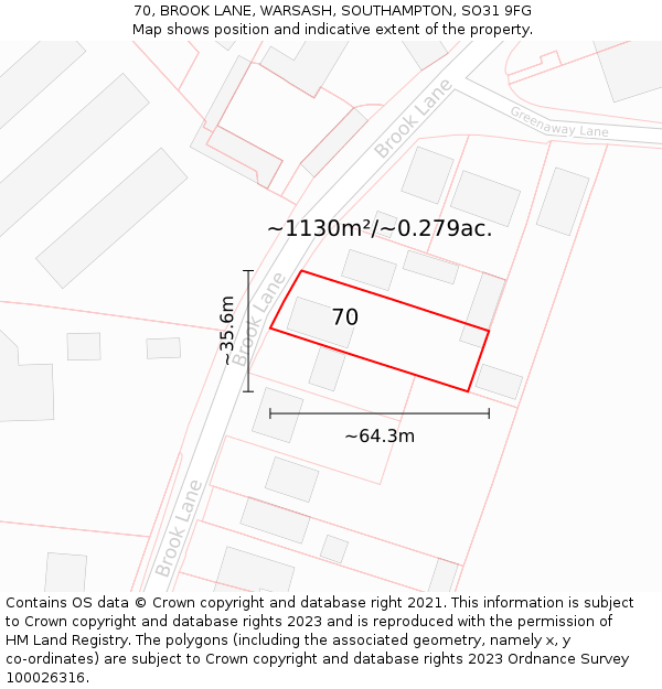 70, BROOK LANE, WARSASH, SOUTHAMPTON, SO31 9FG: Plot and title map