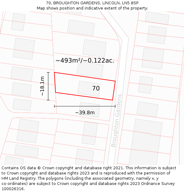 70, BROUGHTON GARDENS, LINCOLN, LN5 8SP: Plot and title map