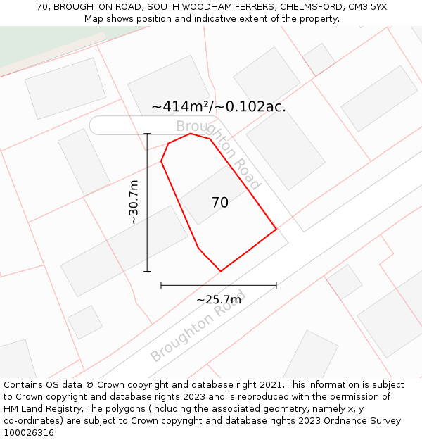 70, BROUGHTON ROAD, SOUTH WOODHAM FERRERS, CHELMSFORD, CM3 5YX: Plot and title map