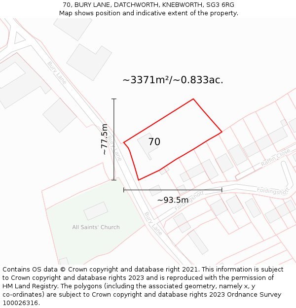 70, BURY LANE, DATCHWORTH, KNEBWORTH, SG3 6RG: Plot and title map