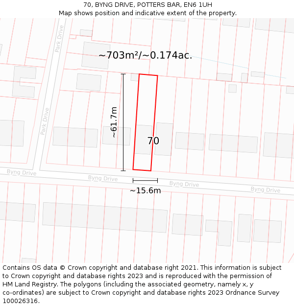 70, BYNG DRIVE, POTTERS BAR, EN6 1UH: Plot and title map