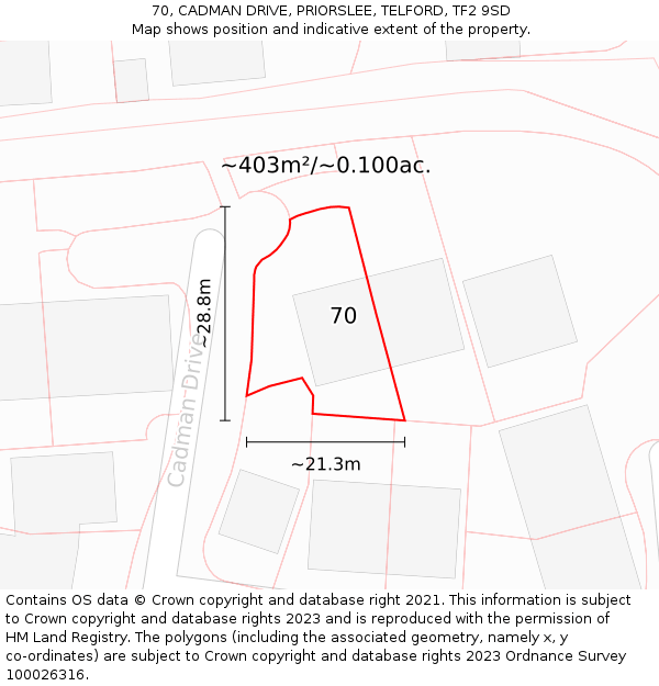 70, CADMAN DRIVE, PRIORSLEE, TELFORD, TF2 9SD: Plot and title map