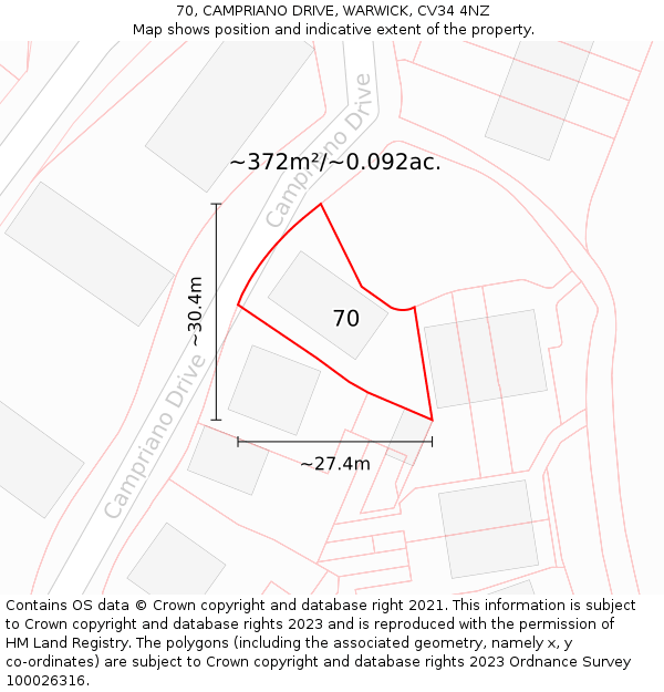 70, CAMPRIANO DRIVE, WARWICK, CV34 4NZ: Plot and title map