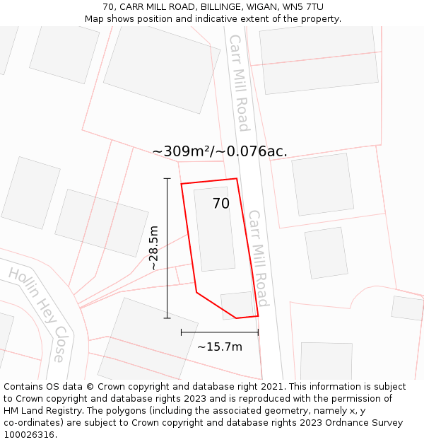 70, CARR MILL ROAD, BILLINGE, WIGAN, WN5 7TU: Plot and title map