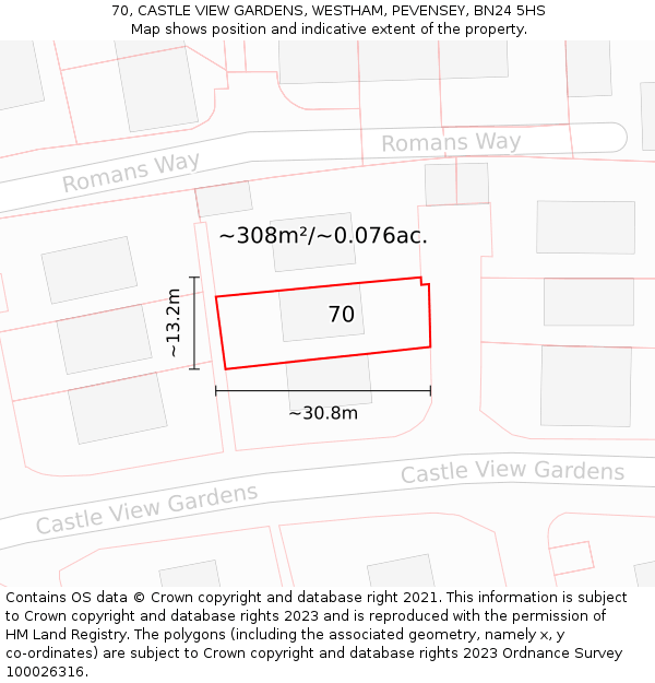 70, CASTLE VIEW GARDENS, WESTHAM, PEVENSEY, BN24 5HS: Plot and title map