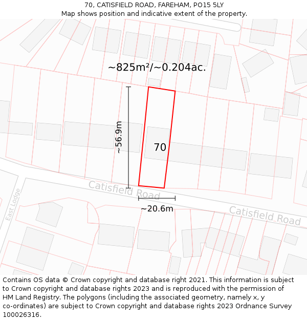 70, CATISFIELD ROAD, FAREHAM, PO15 5LY: Plot and title map