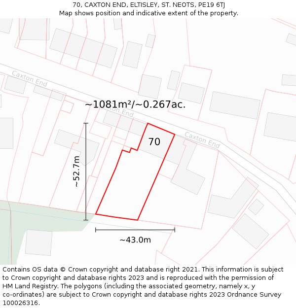 70, CAXTON END, ELTISLEY, ST. NEOTS, PE19 6TJ: Plot and title map