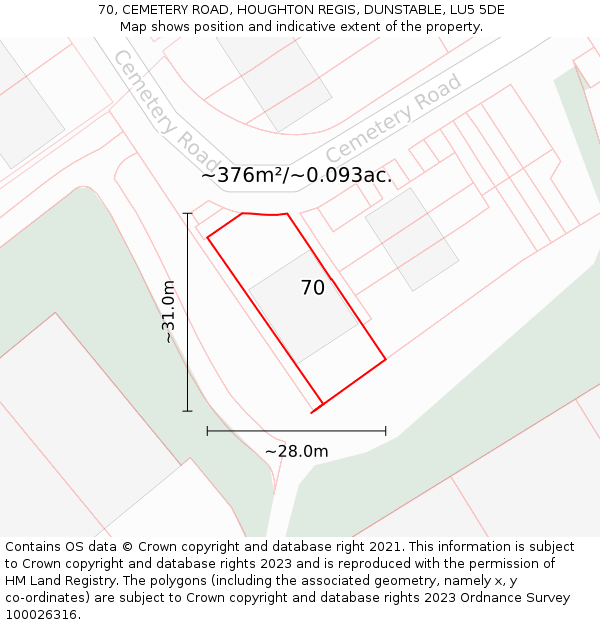 70, CEMETERY ROAD, HOUGHTON REGIS, DUNSTABLE, LU5 5DE: Plot and title map