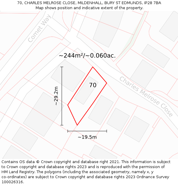 70, CHARLES MELROSE CLOSE, MILDENHALL, BURY ST EDMUNDS, IP28 7BA: Plot and title map