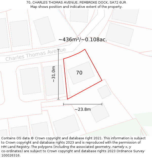 70, CHARLES THOMAS AVENUE, PEMBROKE DOCK, SA72 6UR: Plot and title map