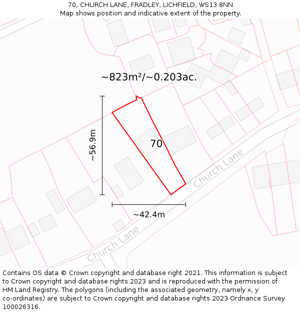 70, CHURCH LANE, FRADLEY, LICHFIELD, WS13 8NN: Plot and title map