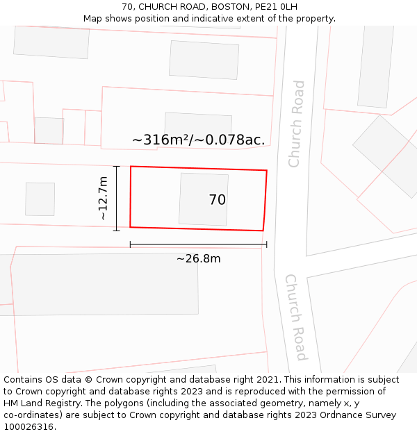 70, CHURCH ROAD, BOSTON, PE21 0LH: Plot and title map