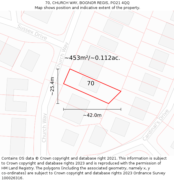 70, CHURCH WAY, BOGNOR REGIS, PO21 4QQ: Plot and title map