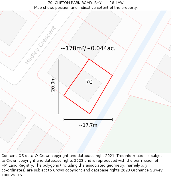 70, CLIFTON PARK ROAD, RHYL, LL18 4AW: Plot and title map