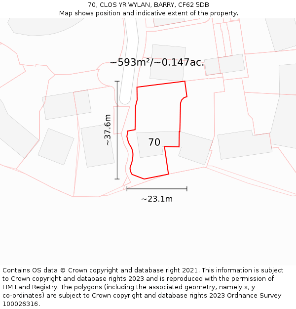 70, CLOS YR WYLAN, BARRY, CF62 5DB: Plot and title map