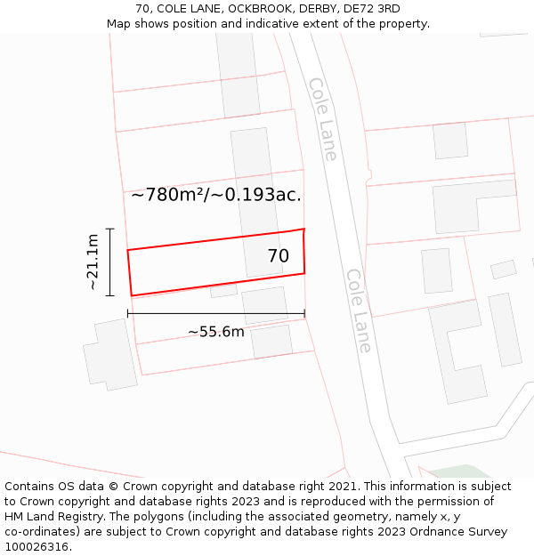 70, COLE LANE, OCKBROOK, DERBY, DE72 3RD: Plot and title map