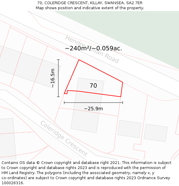 70, COLERIDGE CRESCENT, KILLAY, SWANSEA, SA2 7ER: Plot and title map