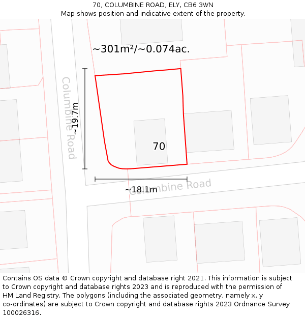 70, COLUMBINE ROAD, ELY, CB6 3WN: Plot and title map