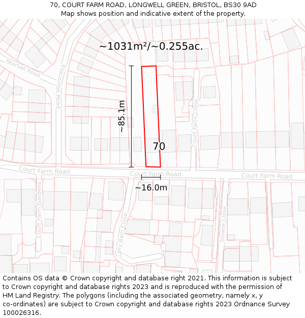 70, COURT FARM ROAD, LONGWELL GREEN, BRISTOL, BS30 9AD: Plot and title map