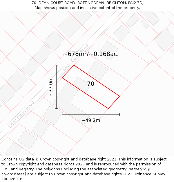 70, DEAN COURT ROAD, ROTTINGDEAN, BRIGHTON, BN2 7DJ: Plot and title map