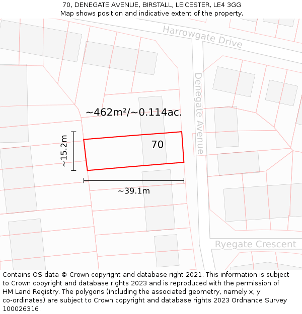 70, DENEGATE AVENUE, BIRSTALL, LEICESTER, LE4 3GG: Plot and title map