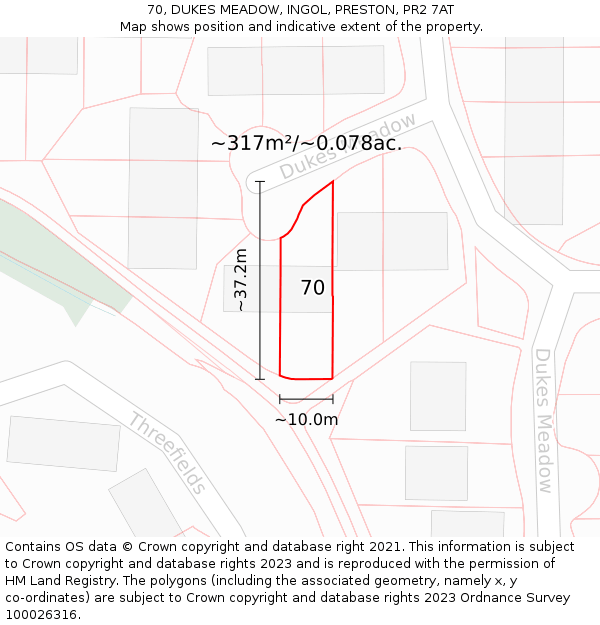 70, DUKES MEADOW, INGOL, PRESTON, PR2 7AT: Plot and title map