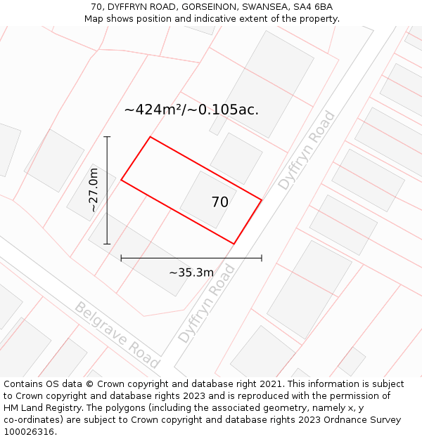 70, DYFFRYN ROAD, GORSEINON, SWANSEA, SA4 6BA: Plot and title map