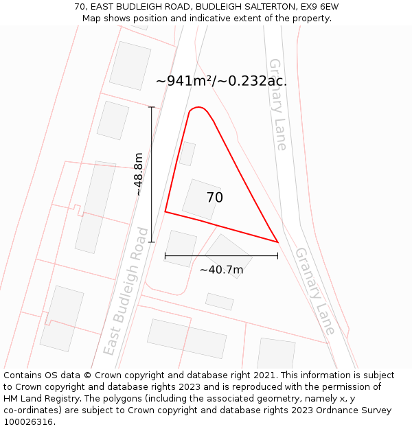 70, EAST BUDLEIGH ROAD, BUDLEIGH SALTERTON, EX9 6EW: Plot and title map