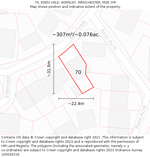 70, EDEN VALE, WORSLEY, MANCHESTER, M28 1YR: Plot and title map