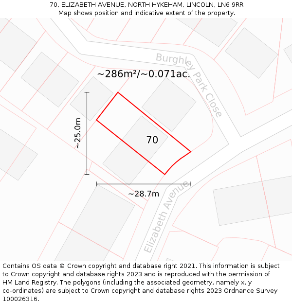 70, ELIZABETH AVENUE, NORTH HYKEHAM, LINCOLN, LN6 9RR: Plot and title map