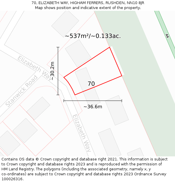 70, ELIZABETH WAY, HIGHAM FERRERS, RUSHDEN, NN10 8JR: Plot and title map