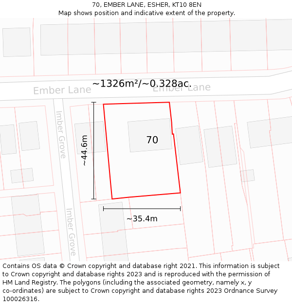 70, EMBER LANE, ESHER, KT10 8EN: Plot and title map