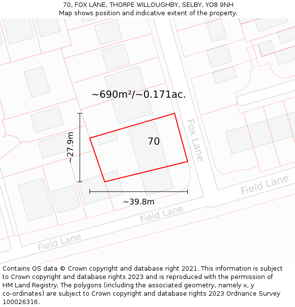 70, FOX LANE, THORPE WILLOUGHBY, SELBY, YO8 9NH: Plot and title map