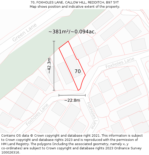 70, FOXHOLES LANE, CALLOW HILL, REDDITCH, B97 5YT: Plot and title map