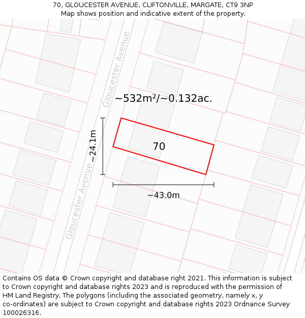 70, GLOUCESTER AVENUE, CLIFTONVILLE, MARGATE, CT9 3NP: Plot and title map