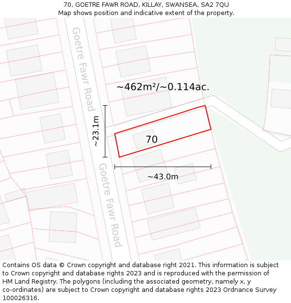 70, GOETRE FAWR ROAD, KILLAY, SWANSEA, SA2 7QU: Plot and title map