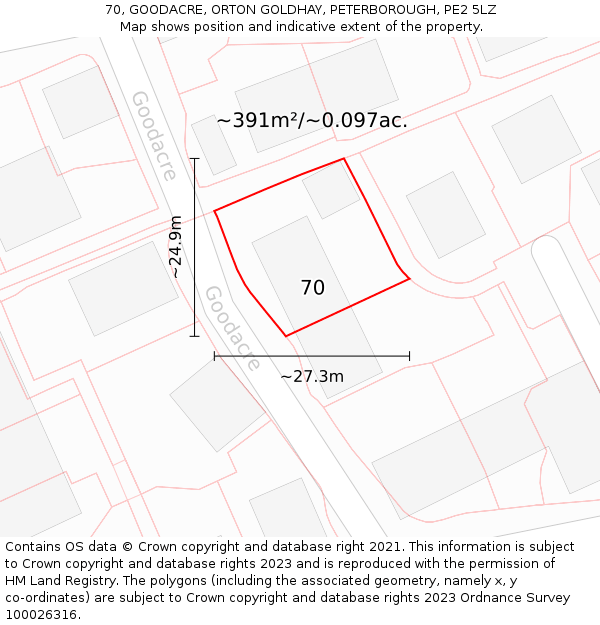 70, GOODACRE, ORTON GOLDHAY, PETERBOROUGH, PE2 5LZ: Plot and title map