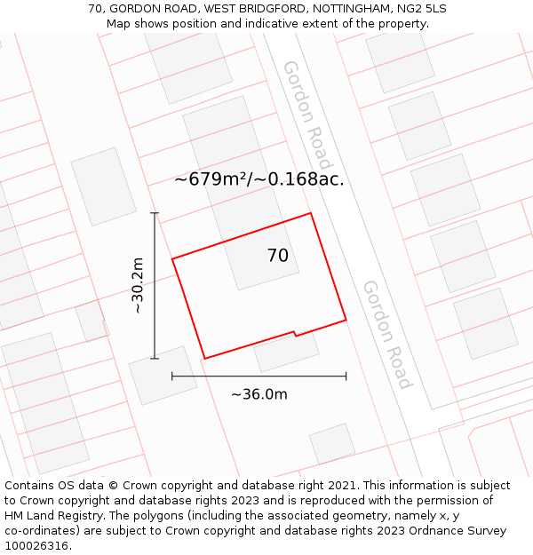 70, GORDON ROAD, WEST BRIDGFORD, NOTTINGHAM, NG2 5LS: Plot and title map