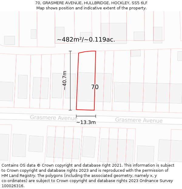 70, GRASMERE AVENUE, HULLBRIDGE, HOCKLEY, SS5 6LF: Plot and title map