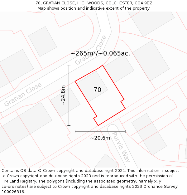 70, GRATIAN CLOSE, HIGHWOODS, COLCHESTER, CO4 9EZ: Plot and title map