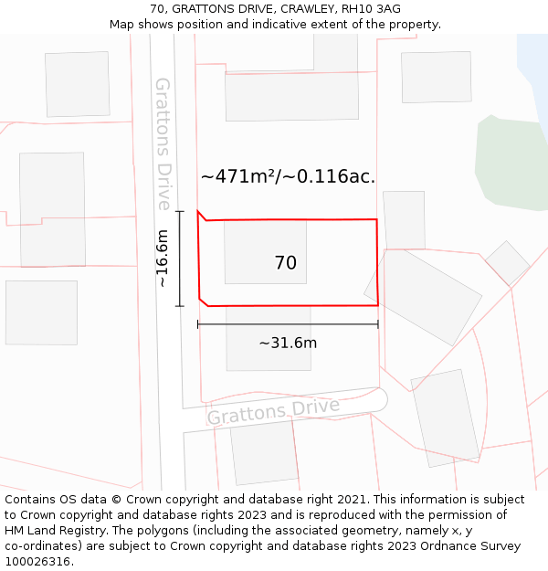 70, GRATTONS DRIVE, CRAWLEY, RH10 3AG: Plot and title map